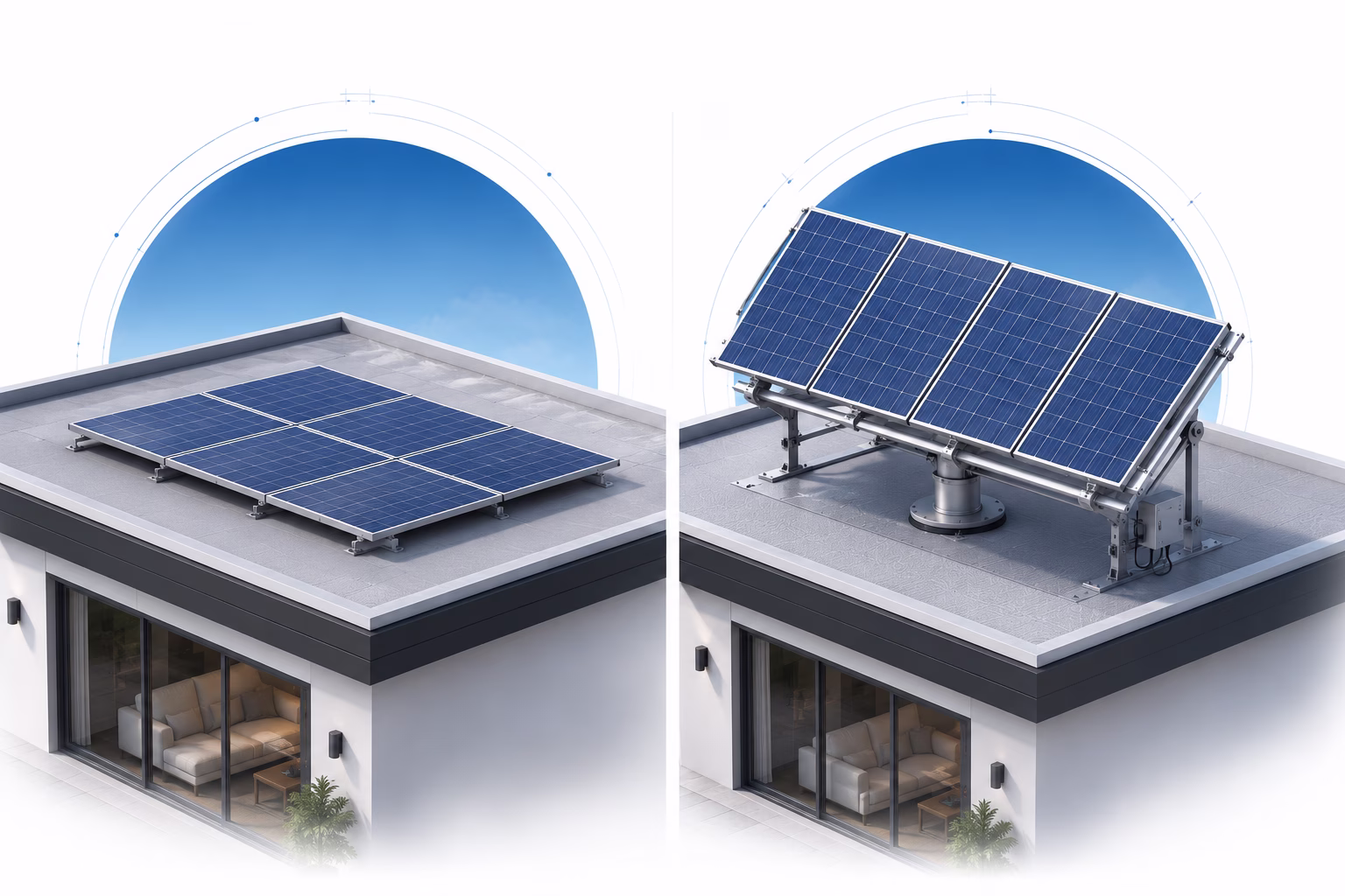 Comparison side-by-side of simple fixed residential solar mounts versus complex single-axis tracker systems